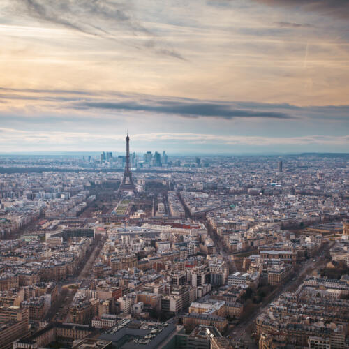 Panorama de la célèbre tour Eiffel et des toits de Paris.